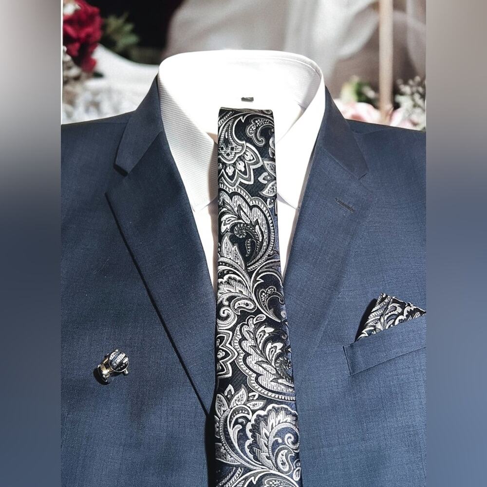 Men’s 3 Piece Tie Set Navy Blue Black Silver Pocket Square Cufflinks Tie